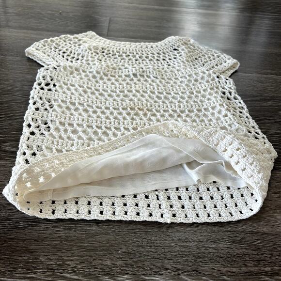 Theory Ivory Crochet T-Shirt Top P Short Sleeve Layered Knit Minimalist Tee - Picture 8 of 16